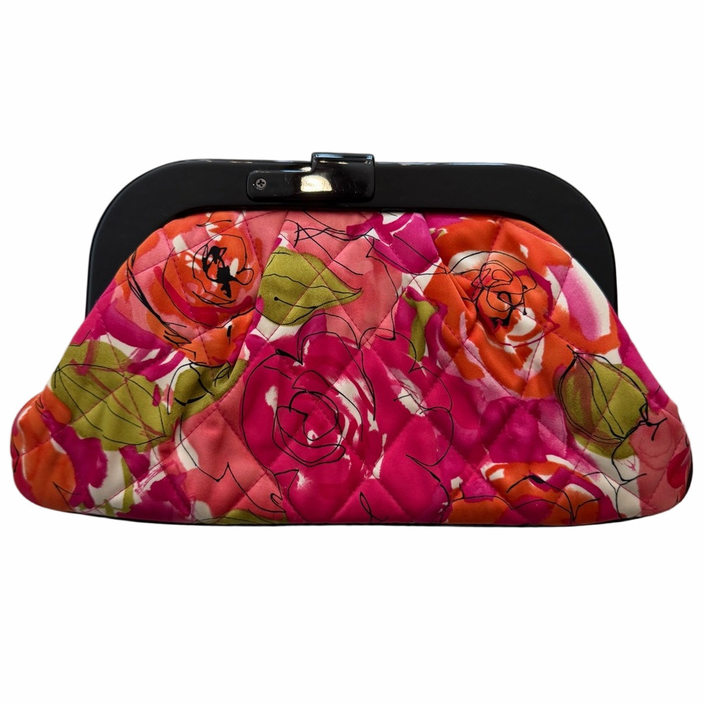 Vera Bradley Pink Vintage Rose Millie Floral Quilted Satin Clutch Black Lucite - Picture 3 of 11